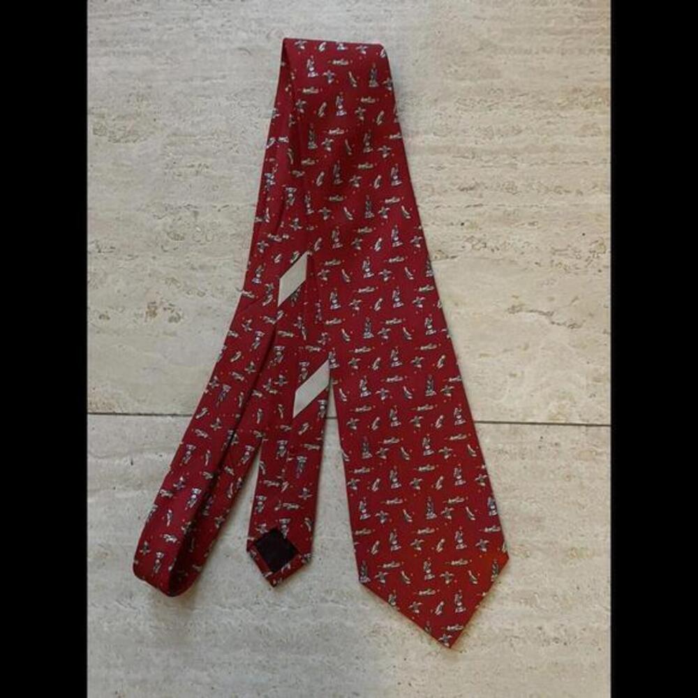 SALVATORE FERRAGAMO made in Italy Red 100% Silk Tie Bird Plays Ball